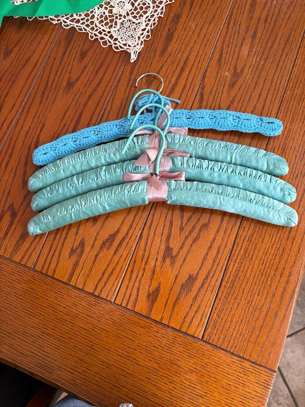 Vintage Satin Padded Clothes Hangers with Crochet Hanger Lot of 4